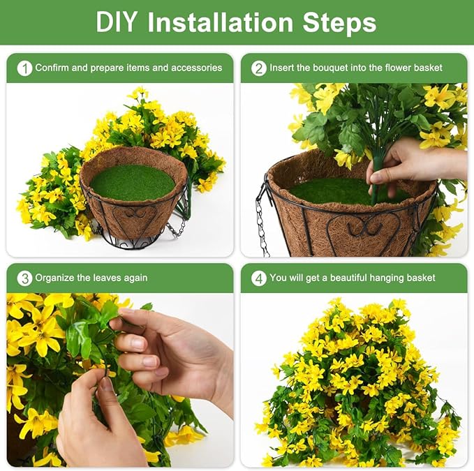 INQCMY Artificial Hanging Flowers in Basket for Patio Garden Decoration,Faux Silk Violet in Planter UV Resistant Realistic for Outside Home Porch Balcony Yard Decor(Yellow)