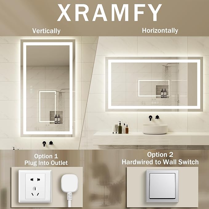 36"x 48"LED Bathroom Mirror, Backlit + Front Lit, LED Bathroom Mirror with Lights for Wall, 3 Colors, Anti-Fog, Dimmable Brightness, Tempered Glass