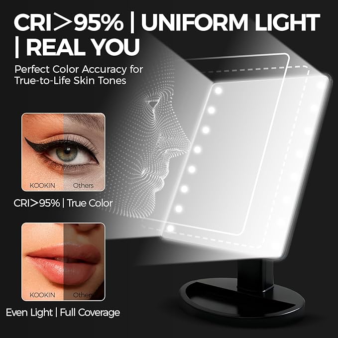 KOOKIN Lighted Vanity Makeup Mirror Led Lights 180 Degree Rotation Lighted Mirror Touch Screen Adjusted Brightness Desk Mirrors USB Dual Supply Bathroom Beauty Cosmetic Mirrors (Black)