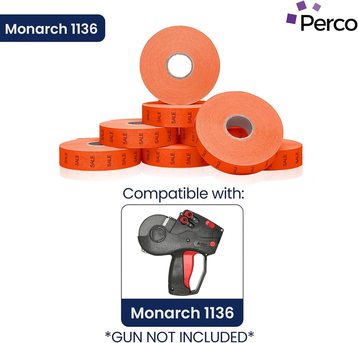 Perco Sale Labels for Monarch 1136 Price Gun - 8 Rolls, 14,000 Pricemarking Labels - with Bonus Ink Roll