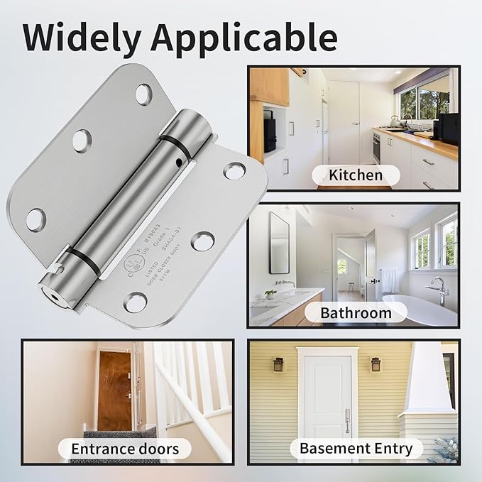 2 Pack Self Closing Door Hinges 3.5 Inch, Spring Door Hinge with 5/8'' Radius Corners, Adjustable Tension for Garage, Front, Back Door, UL Listed, Left and Right Hand, Brushed Nickel