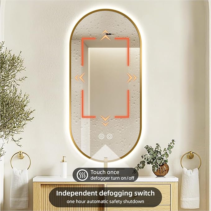 24" x 36" Gold Oval LED Bathroom Mirror with Lights, Backlit Mirror, Anti-Fog, 2700K/4000K/6500K, Stepless Dimmable, Wall Mounted Vanity Mirror with Gold Aluminum Frame, CRI≥93