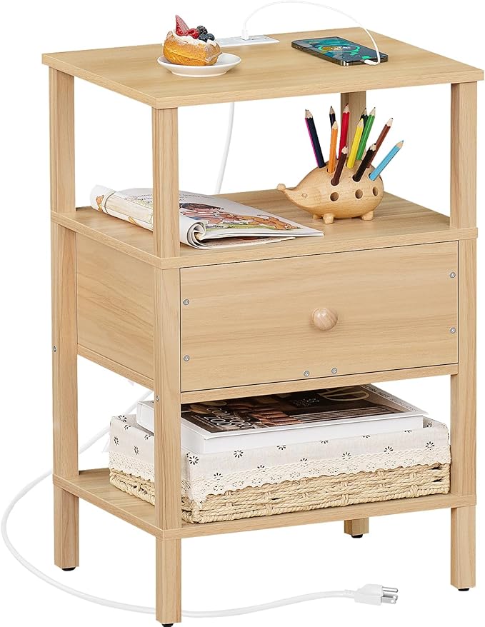 Lerliuo Nightstand with Charging Station and USB Ports, 3-Tier Storage End Table with Drawer Shelf, Night Stand for Small Spaces, Wood Bedside Table for Living Room, Bedroom - Natural Wood