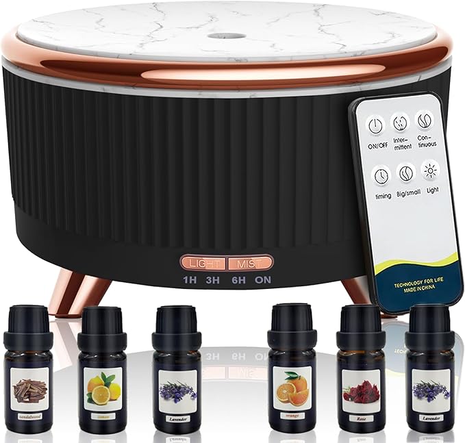 Essential Oil Diffuser for Home with 6 Essential Oils Set,500ml Diffuser with R/C 7 Colors Light & 3 Mist Mode Automatic Shut-Off,Aromatherapy Diffusers for Home,Office,Yoga,Spa,Gift