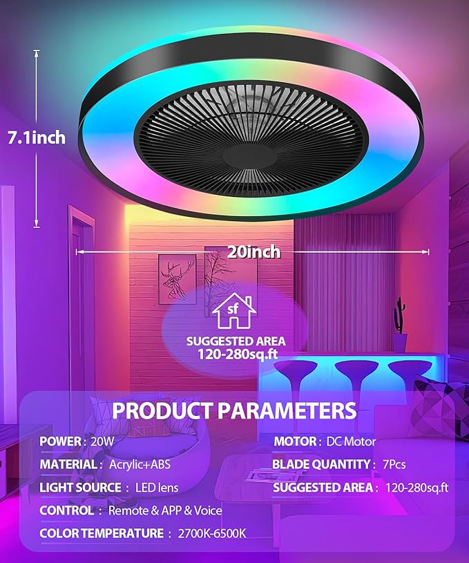 2-in-1 Low Profile Ceiling Fan with Light, 20” Caged Safety Design for Kids - RGB Color, Smart APP/Remote Control, Quiet Flush Mount DC Motor, Metal, Ideal for Bedroom/Living Room/Kitchen, Black