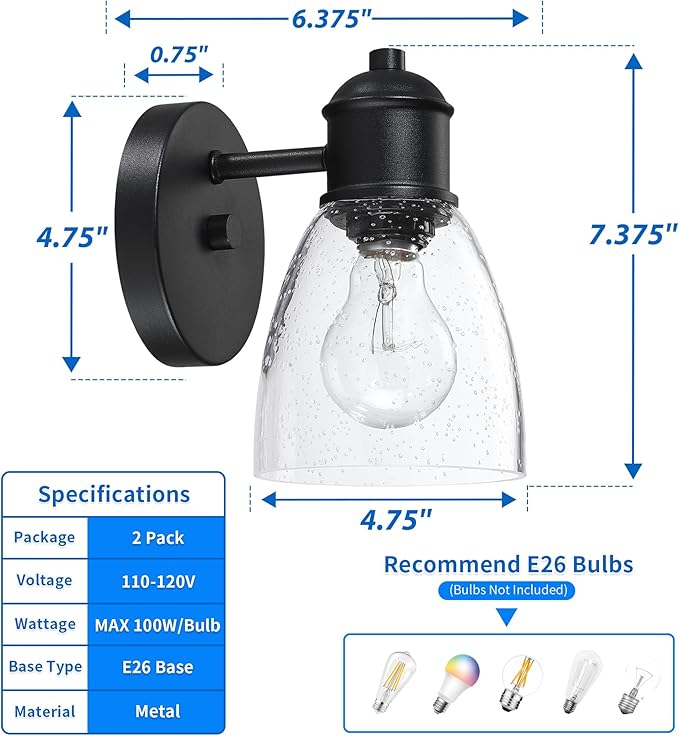 Black Wall Sconce Set ot Two, Hardwired Wall Lights for Bedroom, Modern Indoor Wall Light Fixtures with Seeded Glass for Bathroom Beside Mirror Living Room Hallway Kitchen