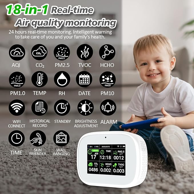 18-in-1 Smart Air Quality Monitor - Indoor WiFi Air Quality Detector with Dual Chip, Real-Time for AQI, CO2, PM2.5, PM1.0, PM10, TVOC, HCHO, Time, Temperature & Humidity with APP (White-Black)