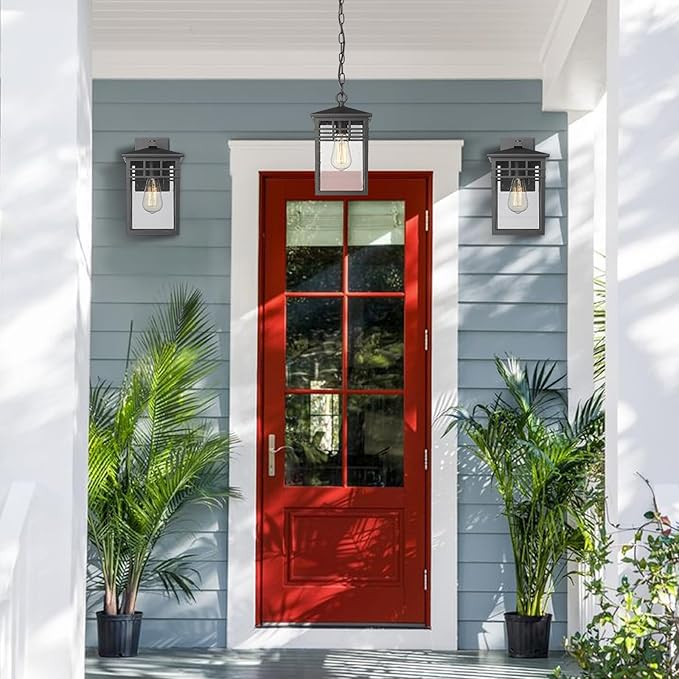 Outdoor Pendant Light Lanterns for Front Porch, Black Exterior Hanging Light Fixtures with Seeded Glass Shade for Patio, Entryway, Garage, Gazebo, RZ009-H BK