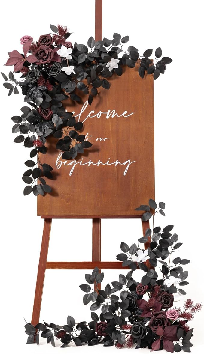 Ling's moment 2pcs Wedding Flowers Garland Artificial Floral Swag Arch Decorations Greenery Arrangements Black & Burgundy Ceremony Reception Garden Easel Wall Entryway Outdoor NOT Include Sign