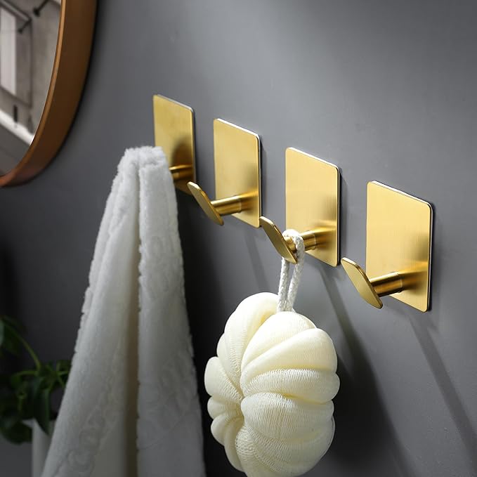 DELITON 8 Pack Gold Wall Hooks - Adhesive Towel Hooks for Bathrooms Kitchen Livingroom Garage, Heavy Duty Hook for Walls, No Damage, Stainless Steel