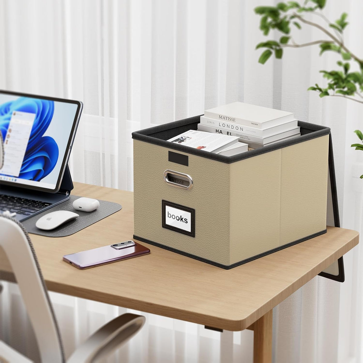 Huolewa Portable Leather File Organizer Boxes with Lids, Office Document Boxes Organizer, Filing Boxes, Decorative Small File Boxes for Hanging Files with Plastic Slide for Office/Decor/Home