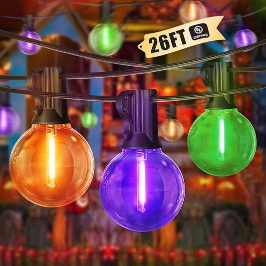 LAMPHOME LED Outdoor String Light, 26Feet Patio Lights with 12+1Edison Shatterproof Bulbs(1Spare), UL Waterproof Outside Lights connectable Dimmable for Backyard Porch Decor,Orange/Purple/Green