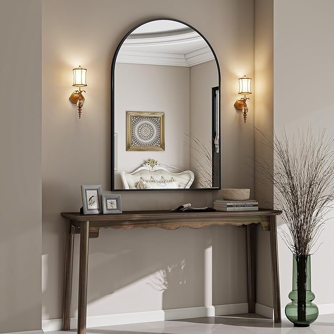VooBang Arched Wall Mirror, 32 x 48 inch Arch Bathroom Mirror, Wall Mounted Vanity Mirror with Arch Metal Frame, Modern Bathroom Vanity Mirror for Bedroom, Living Room, Hanging or Leaning, Black