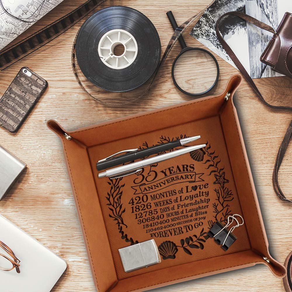 Bella Busta- 35 Years Anniversary- Traditional Coral 35th Wedding Anniversary-Engraved Leather Tray with Corals Design and 35 Years with a Detailed Breakdown (6 x6 Rawhide)