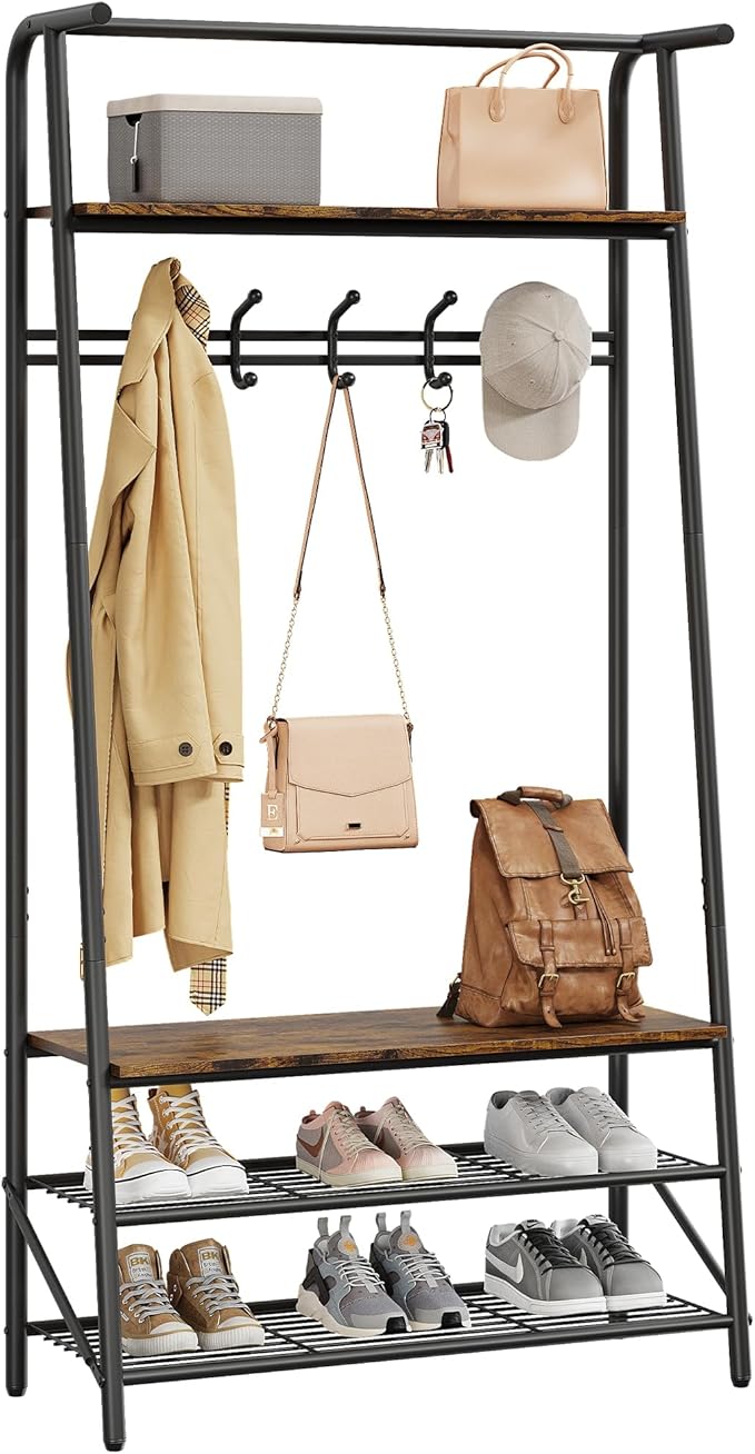 Coat Rack, Floorstanding Hall Tree with Shoe Rack, Wooden and Metal Coat Stand, Industrial Clothes Rack, for Hallway, Living Room, Bedroom, 31.5''x12.8''x71.2'', Rustic Brown