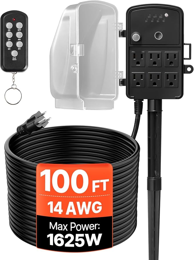 VEVOR Outdoor Power Stake Timer, 100FT Extension Cord, Remote Control Outdoor Power Strip with Cover, Dusk to Dawn Light Timer Waterproof, 6 Outlets for Halloween Christmas Lights, Garden Decorations