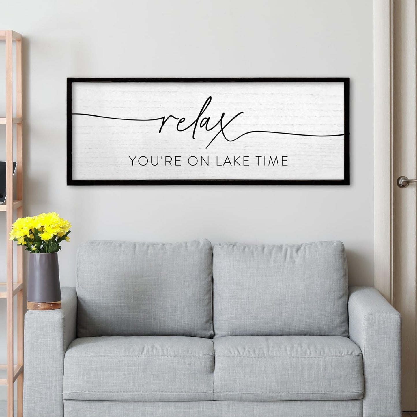 TQianJiang Relax You're On Lake Time Wall Decor 32"×12"" Lakeside Quote Sign Lake House Decor for Living Room Bedroom Large Rustic Wooden Framed Wall Hanging Art (Black)"