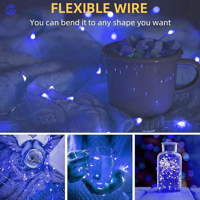 LAMPHOME 100 LED Blue Fairy Lights Battery Operated, Mini Battery Powered Copper Wire Starry String Lights,Light Length 32.5Ft, Multi Functions & Timer, with Remote Indoor/Outdoor use