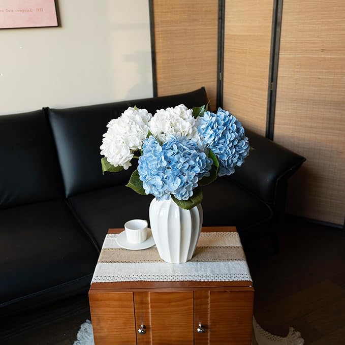 4PCS Artificial Flowers Large Hydrangeas Flowers Latex Bouquet for Wedding Bridal Office Home Party Decoration (2Pcs White+2Pcs Blue)