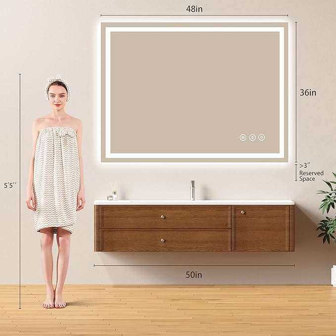 48x36 LED Bathroom Mirror with Lights - Dimmable, Anti-Fog, 3 Color Backlit & Front Lit Mirror for Bathroom, Shatter-Proof Tempered Glass, Easy Installation