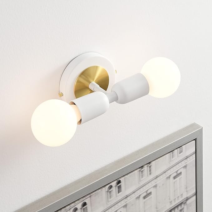 BRIGHTTIA Luna Duo 2 Light Wall Sconce - Mid Century Modern Fixture for Wall & Ceiling - Minimalist Edison Lamp for Hallway and Bathroom Vanity - White & Gold (BW0026-2WG)