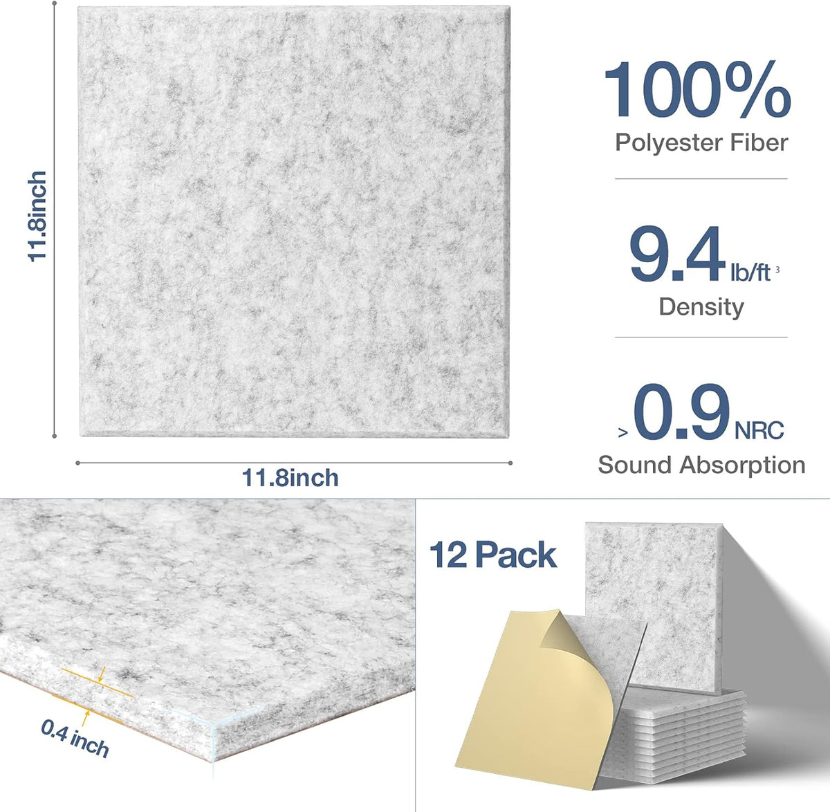12 Pack Self-Adhesive Acoustic Panels, 12" X 12" X 0.4" High-Density Polyester Sound Proof Foam Panels for Walls, Soundproof Wall Panels for Home & Office (Sliver Gray)