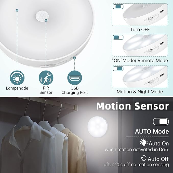 Motion Sensor Puck Step Lights with Charging Station, 3 Colors USB Rechargeable LED Closet Light, Dimmable Under Cabinet Lighting, Stick-on Lights (4 Pack)