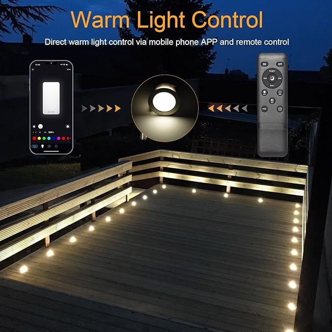 Smart LED Deck Light Kits - 20 Pack of 1.77" Low Voltage Recessed RGBW Deck Lights IP67 Waterproof for Outdoor Landscape Lighting on Steps, Floors & Pathways, Compatible with Alexa & Google Assistant