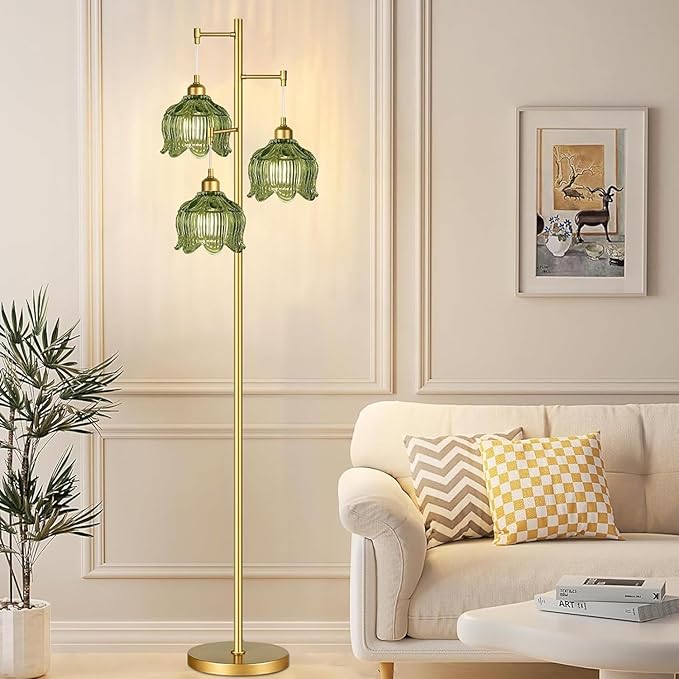 Vintage Floor Lamps for Living Room Bedroom-3 Light Gold Floor Lamp with Glass Lampshape, Flower Green Tall Lamp Mid Century Modern Standing Lamp Tree Floor Lamp for Bedroom Living Room Corner