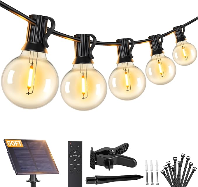 Brightever 50FT Solar String Lights Outdoor with Remote, 18+1 LED Shatterproof G40 Bulbs, 3 Lighting Modes & Timable, Waterproof Dimmable Solar Power Patio Lights for Camping, Backyard, Party