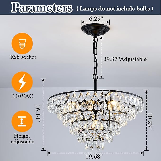 YYJLX Modern Crystal Chandelier 7 Light 20" Raindrop Black Ceiling Chandelier Adjustable Hanging Light Fixture for Dining Room Foyer Entryway Staircase Living Room