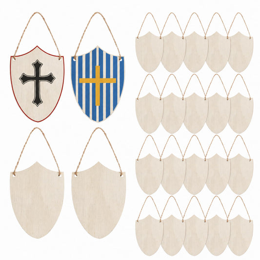 jojofuny 20 Pack Wooden Shield Plaques, 18 Unfinished Blank Shields and 2 Knight Design Hanging Signs with Jute Rope, 10 x 7 cm DIY Castle Party Favors, Paintable Medieval Craft Tags
