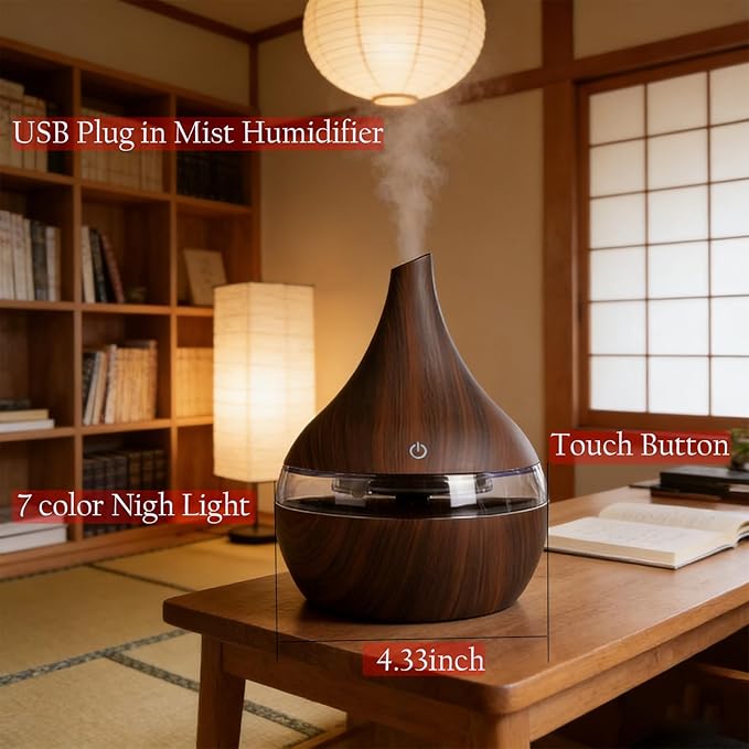 300ml Cool Mist Humidifier, 10-20H Runtime Ultra-Quiet 24dB Bedroom Humidifier with 7 Color Lights & 2 Mist Modes, Auto Shut-Off, Small Space Humidifiers for Baby Nursery Home Office (Brown)