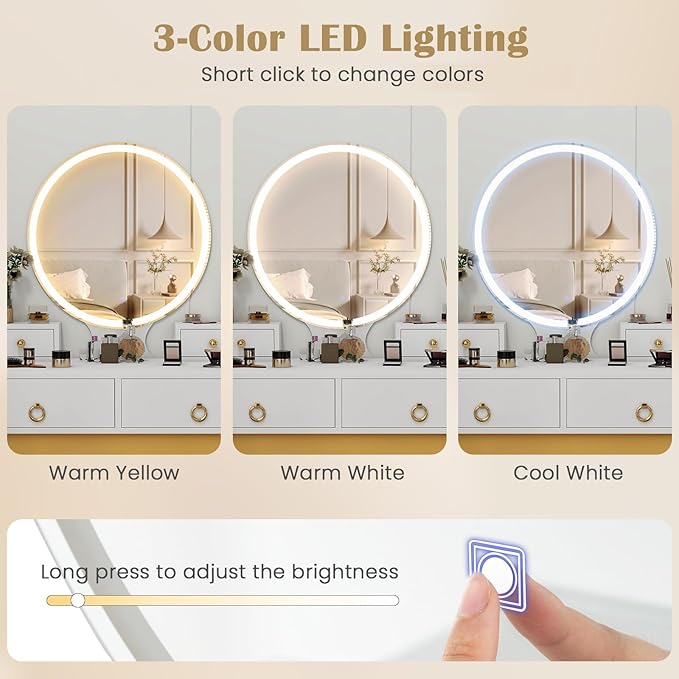 CHARMAID Vanity Desk with Mirror and Lights, White Makeup Vanity Desk with 4 Drawers, 3 Color Lighting Modes, Adjustable Brightness, Modern Dressing Table with Vanity Stool for Girls Small Bedroom