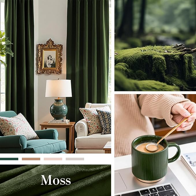 Lazzzy Velvet Blackout Curtains Thermal Insulated Room Window Drapes Super Soft Luxury Curtains for Living Room Bedroom Rod Pocket 2 Panels, Moss, 52" W x 108" L