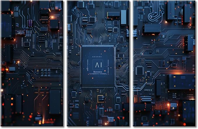 Motherboard Digital Chip Wall Art Large Artificial Intelligence Concept Pictures Print on Canvas AI Advanced Circuitry Modern Home Decor Framed for Office Ready to Hang 60"Wx40"H