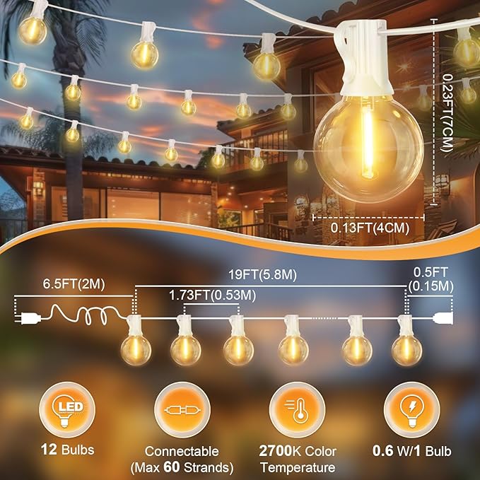 LAMPHOME 26 Feet LED Outdoor String Lights with 12+1 Shatterproof G40 Edison Bulbs, Connectable and Weatherproof Strand, Commercial Grade Patio Lights for Backyard Decorative, Warm White