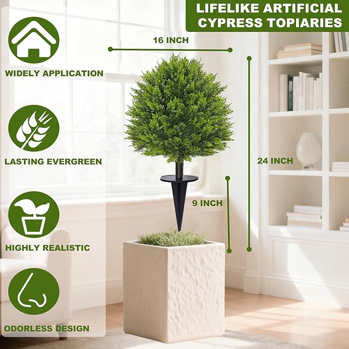 2 Pack 24”Artificial Topiary Ball Tree with Spike Soft Cypress Realistic Faux Cedar Pines Christmas Trees UV Rated Fake Shrubs for Christmas Pot Fillers Front Door Porch Indoor Outdoor Xmas Decor