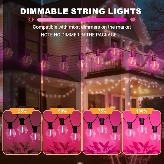 LAMPHOME LED Outdoor String Light, 26Feet Patio Lights with 12+1Edison Shatterproof Bulbs(1Spare), UL Waterproof Outside Lights connectable Dimmable for Backyard Porch Decor,Pink