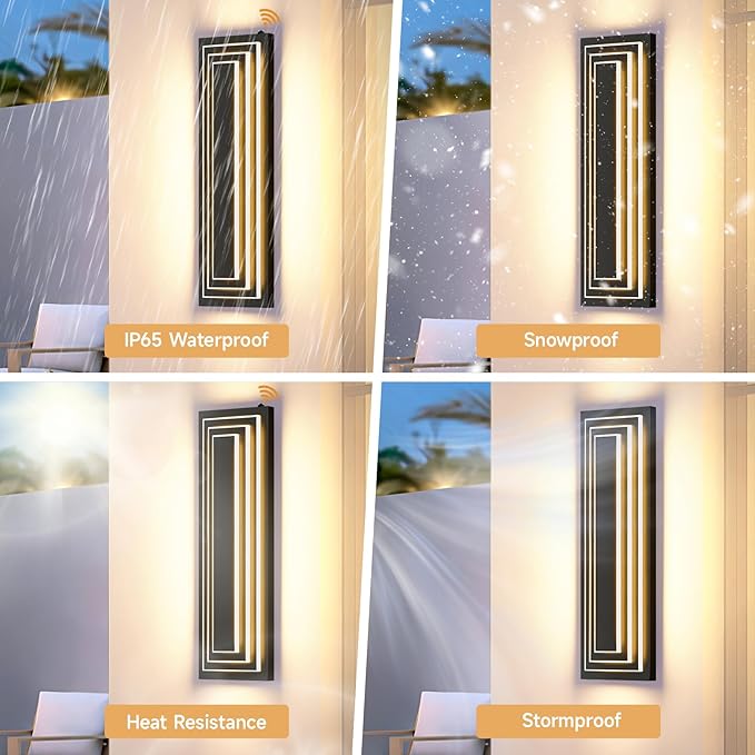 Dusk to Dawn Outdoor Led Wall Lights, 23.6 in Long Exterior Lighting Fixtures,Black Outdoor Sconce Lights,3-Tier Modern Porch Light,36W Warm White Outside Lights for House,Garage, Patio,2 PCS