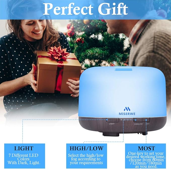 Miserwe Diffuser 500ML Essential Oil Diffuser with Adjustable Mist Mode and 4 Timer Setting Diffuser for Essential Oils Waterless Auto Shut-Off for Home Office Yoga Spa