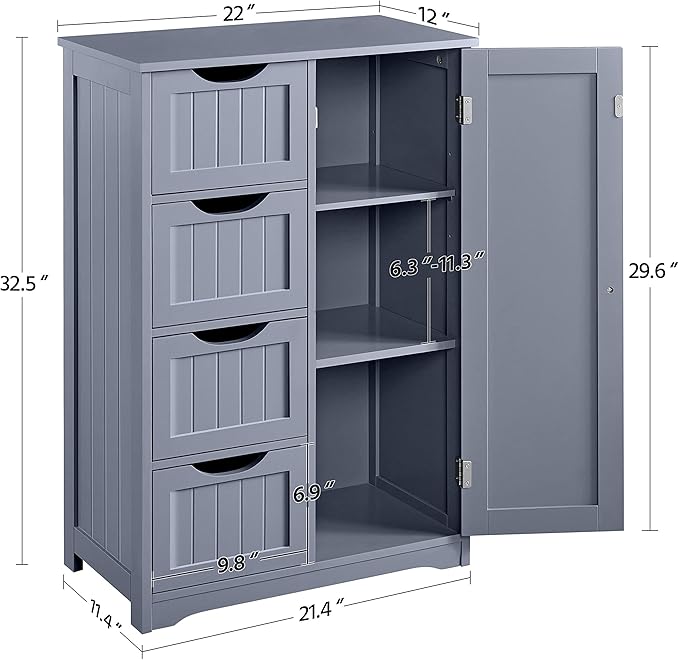 Yaheetech Bathroom Floor Cabinet, Freestanding Storage Organizer Unit Kitchen Cupboard W/ 4 Drawers & Adjustable Shelves, Using for Kitchen/Bathroom, Gray