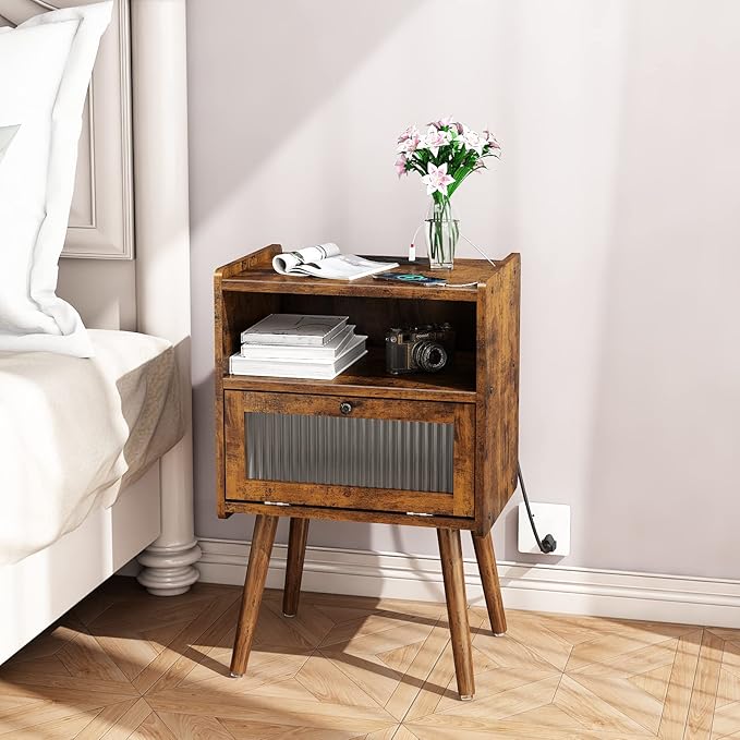 Mid Century Modern Nightstand with Charging Station, Bedside Tables with Glass Door, End Table Side Table with 2 Tiers Storage Space, for Bedroom, Living Room, Brown