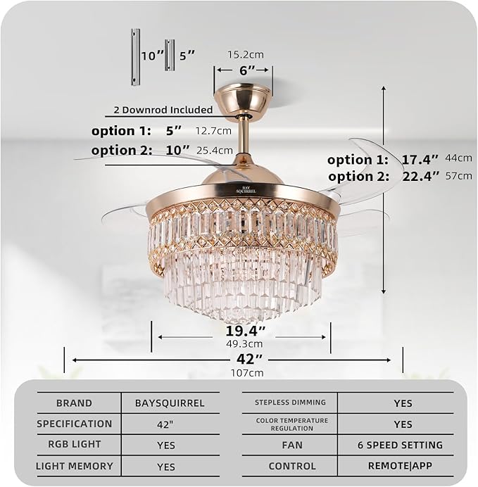 Retractable Crystal Ceiling Fan with Lights and Remote/APP Control, Bluetooth Ceiling Fan with Speaker, 6-Speed Reversible Blades, RGB Light, Invisible Fandelier for Bedroom Dinning Room 42"