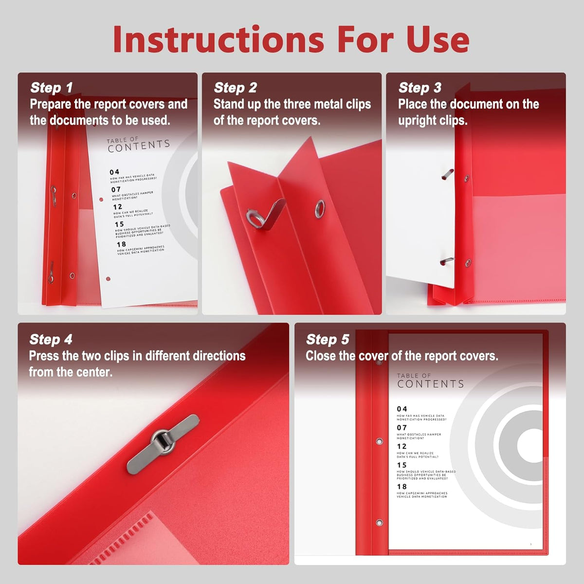 Ndsox 5 Packs Clear Front Report Covers with 3-Prong Fasteners, Plastic Project Presentation Folders Resume Document Covers with Red Back for 8.5" x 11" Letter Size Paper for School Office Business