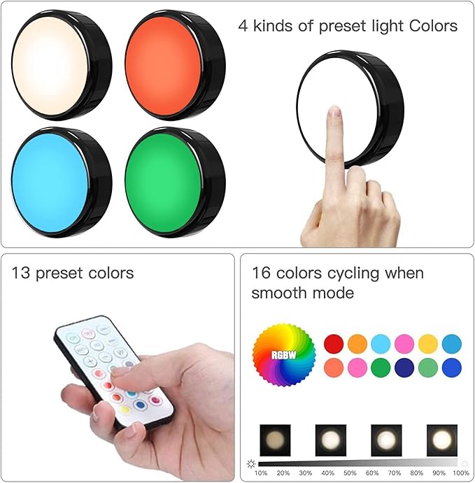 HELPLEX LED Puck Lights with Remote, 12 Pack Color Changing RGBW Stick-On Light, Battery Powered, Dimmable Under Cabinet Lighting with Timer & Memory, Wireless Push Lights for Kitchen & Closet, Black