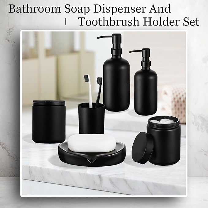 6PC Matte Black Bathroom Accessories Set with Glass Soap Dispenser | Modern Bathroom Organizer & Decor Set incl. Toothbrush, Qtip Holder