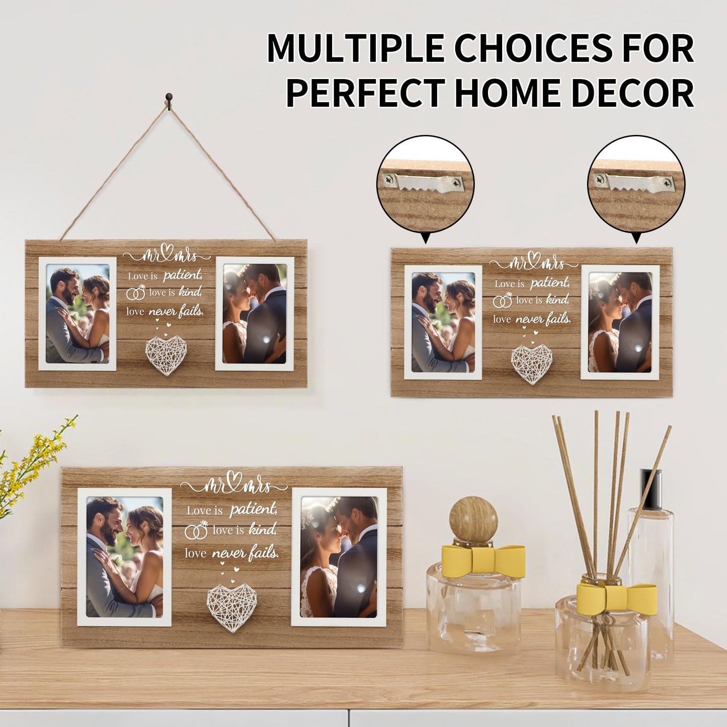 SOUHONEY Wedding Gifts, Bridal Shower Gifts for Bride to Be, Wedding Picture Frame for Couple - Double 4x6 Pictures Frame - Wooden Couples Newlyweds Picture Frame with Heart (Mr Mrs)