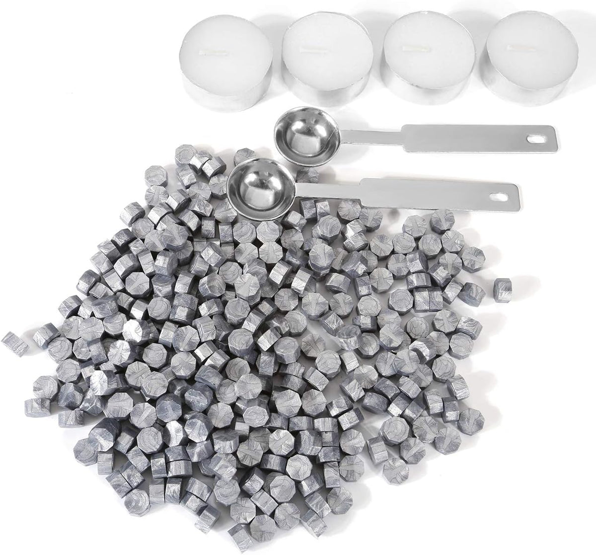 Silver Sealing Wax Beads, Yoption 300 Pieces Octagon Wax Seal Beads Kit with 2 Melting Spoon and 4 Candles for Seal Stamp (Silver)