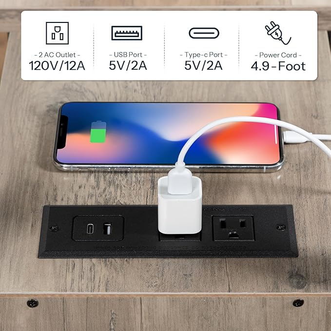 HOOBRO End Table with Charging Station, Narrow Side Table with 2 Drawers & USB Ports & Power Outlets, Nightstand for Small Spaces, Bedroom, Living Room, Stable and Sturdy, Greige and Black BG541BZ01